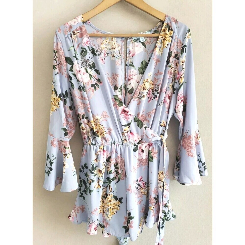 She+Sky Romper Ruffle Bell Sleeves Size Small Light Blue Floral Faux Wrap